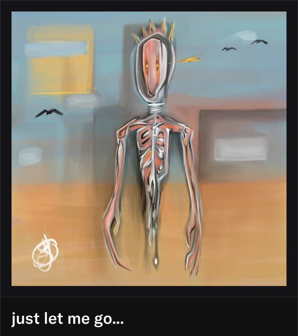 A surreal digital painting of a metallic, alien-like figure with a spoon-shaped head and elongated arms against a muted background, with the text "just let me go..." written below.