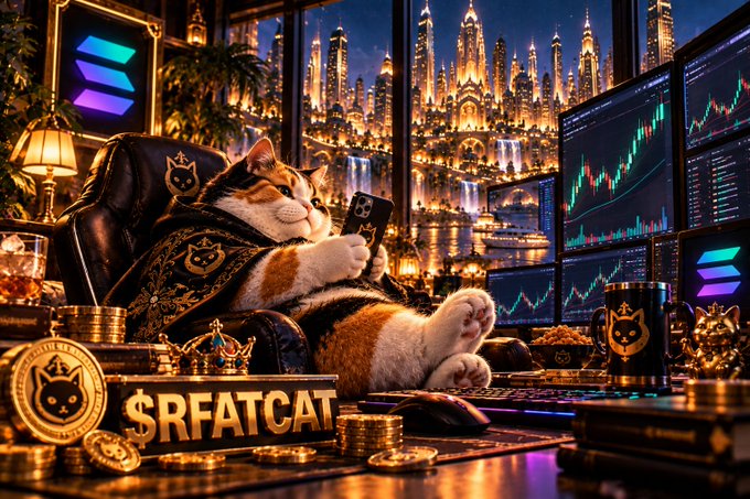 A stylized digital illustration of a cat in a luxury robe sitting in a throne-like chair, holding a phone, with monitors displaying charts and gold coins featuring the '$RFATCAT' token branding.