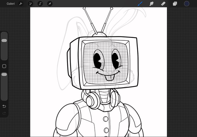 A black and white digital drawing of a cute robot character with a TV for a head, smiling, displayed within a drawing application interface.