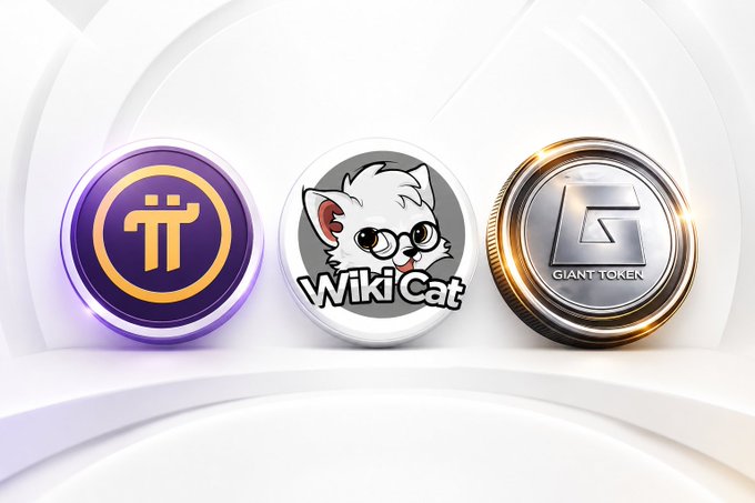 Three cryptocurrency tokens displayed side by side on a white curved surface: a purple Pi Network (π) coin, a Wiki Cat coin with a cat illustration, and a silver Giant Token (G) coin.