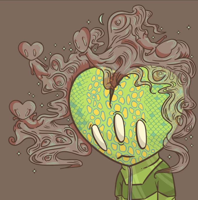 A surreal digital illustration featuring a green, scale-patterned heart-shaped character with a simple smiling face, surrounded by flowing, melting cloud-like forms containing eyes and heart shapes against a brown background.