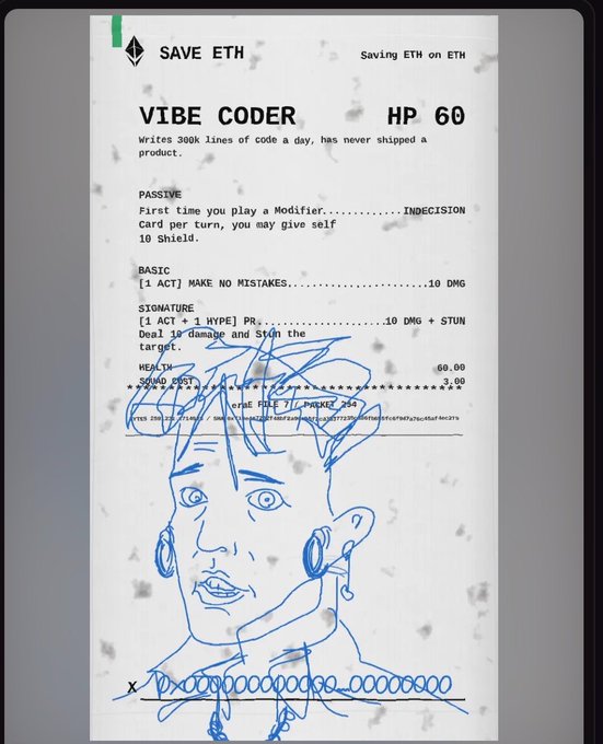 The image shows a hand-drawn trading card titled "VIBE CODER" with 60 HP, describing a character who "Writes 300k lines of code a day, has never shipped a product," featuring abilities like "Indecision," "Make No Mistakes," and a signature move dealing 10 damage with a stun. A blue pen sketch of a young man is doodled across the card, with the caption "i backed your identity on fwa" playfully suggesting the "Vibe Coder" character backed up their own identity or persona onto FWA (Favorites Web Awards), fitting the self-aware humor of the "never shipped a product" coder archetype.