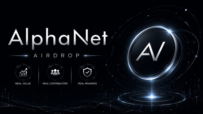 The image features a logo for an AI coin called AlphaNet, which is designed with a silver circle surrounded by blue lines. The text "AlphaNet" is displayed above the circle, and below it are three icons representing real value, contributors, and rewards. The background of the image is black, making the white elements stand out.
