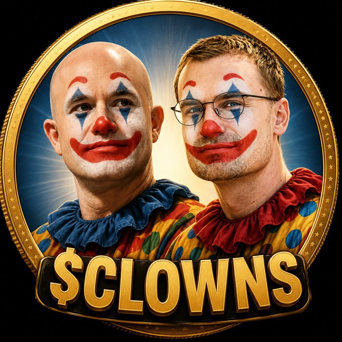 Two men dressed as clowns with white face paint, red noses, and colorful polka-dot ruffle collars are featured in a gold-rimmed circular emblem displaying the text "$CLOWNS" in bold yellow lettering, serving as the mascot artwork for the creator coin launch. The image visually reinforces the post's tongue-in-cheek statement about owning the joke while requesting a token deployment on Base.
