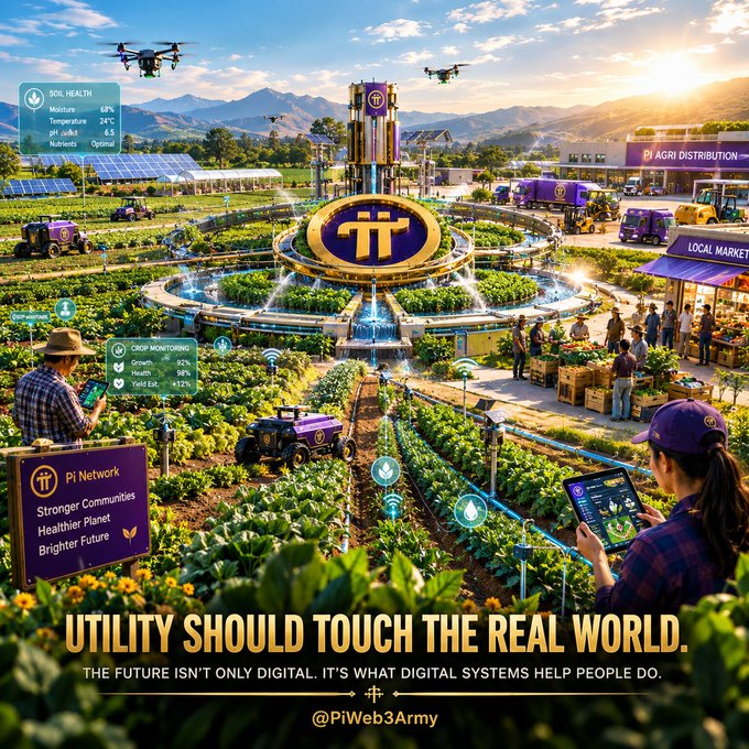 A vibrant illustration depicting Pi Network's real-world utility, showing a futuristic farm with drones, smart tractors, and crop monitoring, captioned 'Utility Should Touch The Real World.'