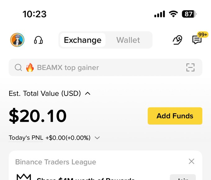 A screenshot of a Binance Exchange portfolio page showing an estimated total value of $20.10 USD with today's PNL at +$0.00 (+0.00%). The image supports the post by showing a modest $20 balance on the Binance platform.