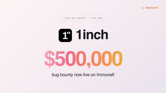 A promotional graphic announcing 1inch's new $500,000 bug bounty on Immunefi, featuring the 1inch logo and text reading "NEW BUG BOUNTY • LIVE NOW" and "bug bounty now live on Immunefi." The image visually reinforces the post's announcement about rewarding security researchers for helping protect the 1inch ecosystem.