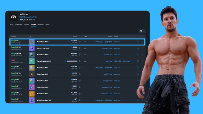 A shirtless man stands next to a screenshot of the wallet for "durov_pavel" showing a recent purchase of "Plush Pepe #834" for 7,500 GRAM, with the buy highlighted in the transaction history.
