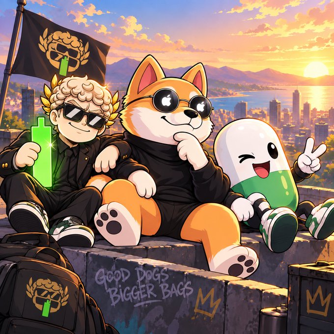 A shiba inu in Apple sunglasses sits on a ledge with a pill mascot and a suited figure holding a green candlestick, with a flag reading "Good Dogs Bigger Bags" against a sunset skyline, tying into the post's $BONER, $iNu, and $pill meme tokens.