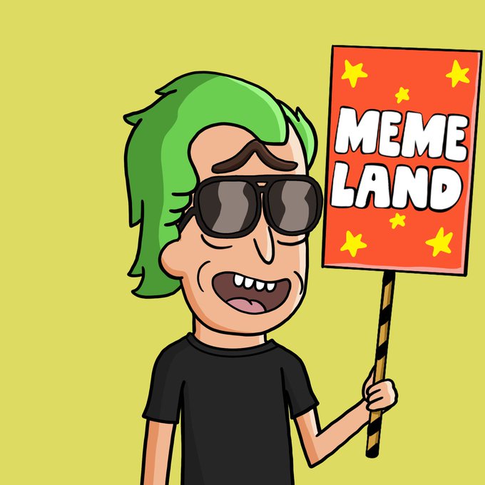 A cartoon illustration shows a smiling character with green hair and sunglasses holding a red sign that reads "MEME LAND" against a yellow background.