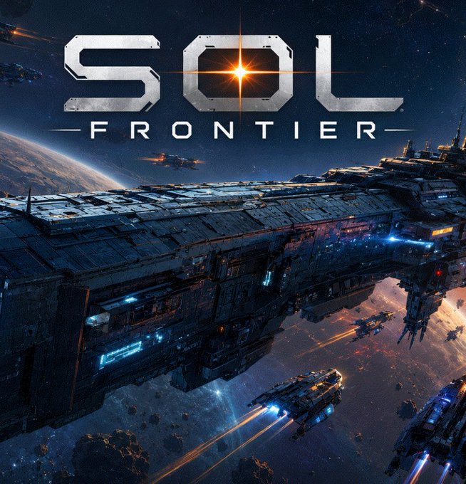 Promotional artwork for the video game "SOL FRONTIER" depicting a large sci-fi spaceship in space with smaller fighter ships, set against a starry backdrop with a planet visible.