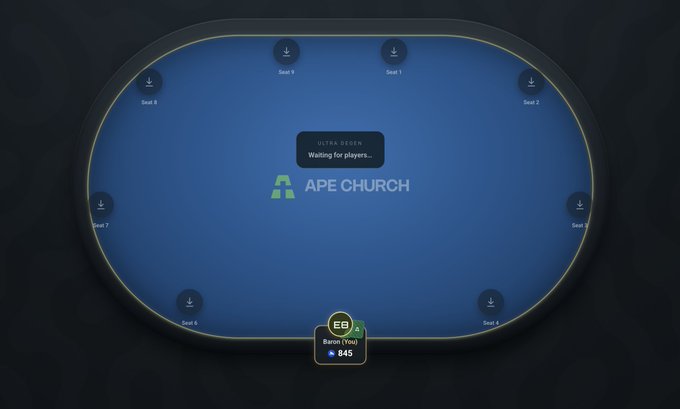 A blue oval digital poker table interface for 'APE CHURCH' with 8 empty seats and a notification reading 'Waiting for players...', showing a 'UB Barron (You)' chip stack of 845.