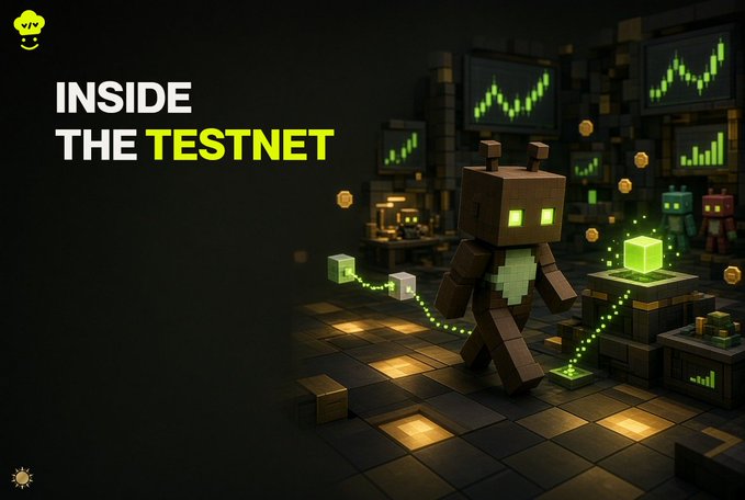 The image shows a stylized voxel-art robot character with glowing green eyes standing in a dark trading environment filled with green chart screens, floating coins, and glowing green data trails, with the bold text "INSIDE THE TESTNET" prominently displayed on the left.

The caption reinforces the post's theme by visually depicting the immersive testnet experience with trading interfaces and active engagement, capturing the "inside the testnet" exploration mentioned in the accompanying message.