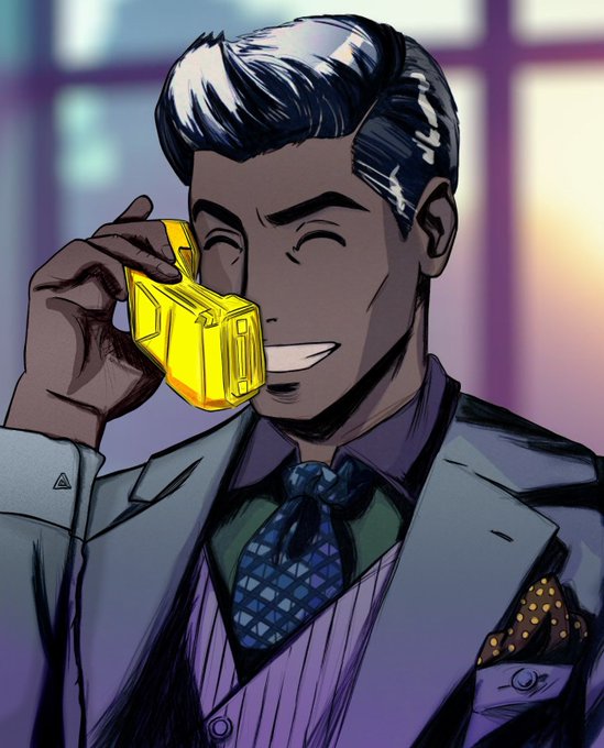An anime-style illustration of a smiling man with slicked-back dark hair, wearing a gray suit and blue checkered tie, holding a glowing yellow device to his ear.