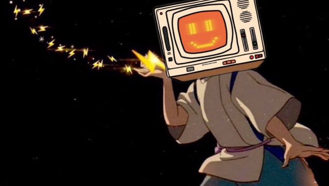 A stylized illustration depicts a figure with a vintage smiling television set for a head, casting magical yellow sparks from their hand against a starry black background.