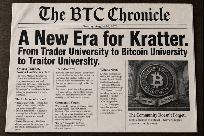 The image shows a newspaper titled "The BTC Chronicle" from August 16, 2026, featuring a satirical article about "A New Era for Kratter" titled "From Trader University to Bitcoin University to Traitor University." It includes a logo resembling a university seal with "TRAITOR UNIVERSITY," "BIP 110," and "BETRAYAL," along with sections like "The Fall of 2026" and "Community Verdict," mocking the rebranding of Krater to Bitfinex/Bitcoin University after the BIP 110 fiasco. The image directly illustrates the post's joke about Krader's transformation from "Trader University" (educational shilling) to "Traitor University" (community betrayal).