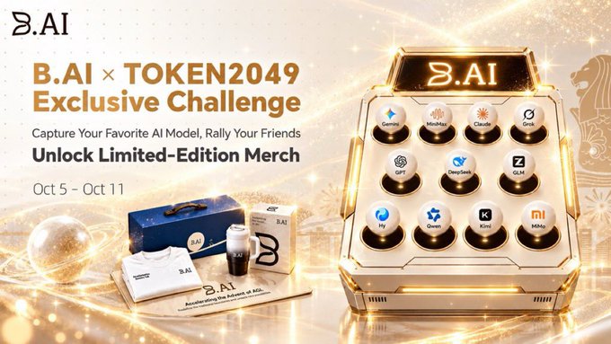A promotional graphic for 'B.AI × TOKEN2049 Exclusive Challenge' running Oct 5 - Oct 11, featuring logos of AI models including Gemini, Mistral, Claude, Grok, GPT, DeepSeek, GLM, Infy, Qwen, Kimi, and MiMo, alongside a display of limited-edition merchandise.
