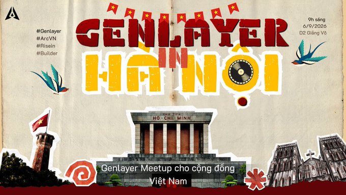 An event poster with a distressed, vintage aesthetic announcing "GENLAYER HÀ NỘI," a Genlayer Meetup for the Vietnam community on 6/9/2026, decorated with Vietnamese flags, birds, and images of Ho Chi Minh's Mausoleum and Hanoi landmarks.
