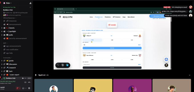 A Discord server called 'Builders Hub' showing a voice channel with members and a shared screen displaying the LALIGA website for match predictions.