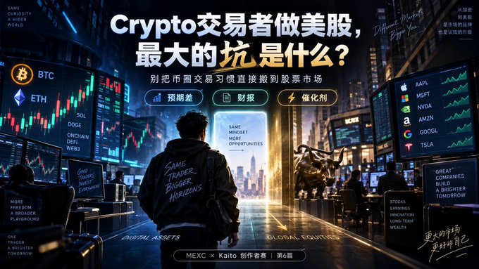 A digital illustration titled 'Crypto交易者做美股，最大的坑是什么?' showing a person facing a bright doorway between two contrasting environments of crypto and stocks, with tickers like BTC, ETH, SOL, AAPL, MSFT, NVDA, AMZN, GOOGL, and TSLA visible.