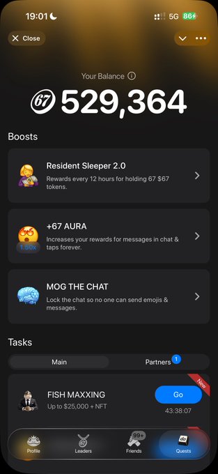 A mobile screenshot shows a user's "Your Balance" on the $67 ($G67) app at 529,364 tokens, with boost options including "Resident Sleeper 2.0," "+67 AURA," and "MOG THE CHAT," alongside a "FISH MAXXING" task. The image illustrates the user's token holdings and rewards structure within the $G67 ecosystem, directly relating to the post's mention of upcoming drop redemptions and token allocations.