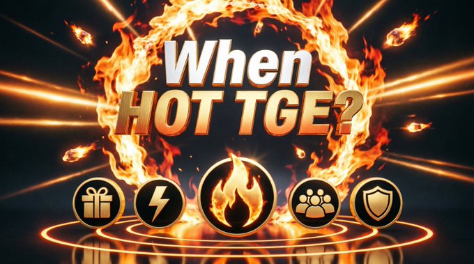 A dramatic promotional graphic with flaming text reading 'When HOT TGE?' featuring icons for gift, lightning, fire, people, and shield.