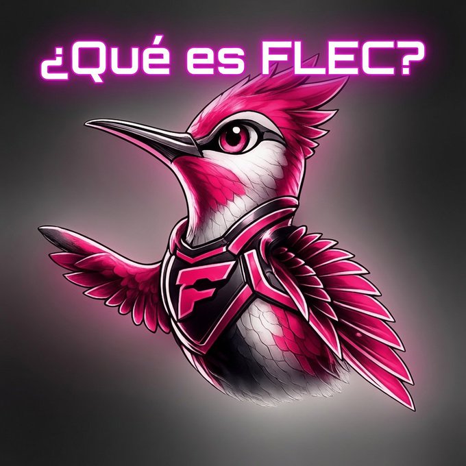 A vibrant pink and white hummingbird wearing a shield with an "F" logo appears below the neon text "¿Qué es FLEC?" The mascot symbolizes the energy and growth of Flare LATAM Evolución Comunidad (FLEC), a community-driven initiative within the Flare ecosystem that promotes participation, education, and collaboration.