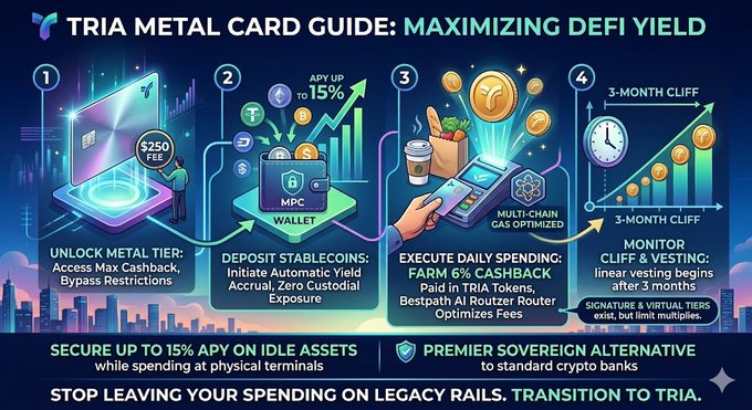 The post shows a digital infographic about maximizing yield with a focus on Tria Metal Card Guide, which outlines a series of steps for maximizing yield using stablecoins as an investment instrument. The first step includes maximizing daily spending through the use of stablecoins. This is followed by transferring your capital to a 3-month cliff vesting account and monitoring its performance. Another option is to lock up some cash under opaque centralized custodians, which can provide additional returns on invested capital.