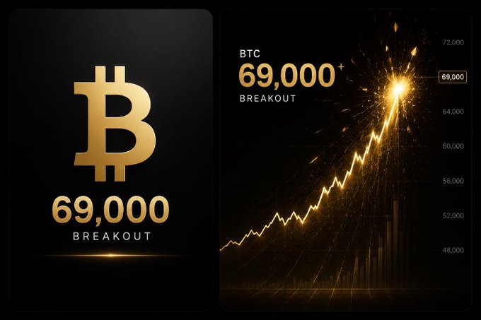 A promotional graphic celebrating Bitcoin's breakout past $69,000, featuring a large gold Bitcoin logo on the left and a price chart showing BTC climbing from around $48,000 to $72,000 on the right.