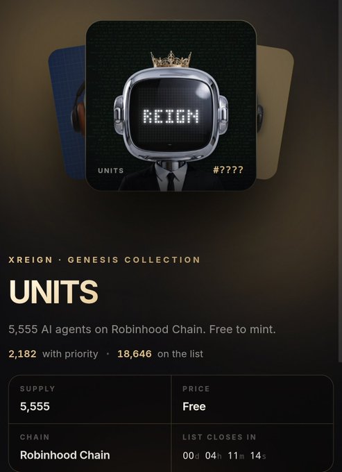 A promotional page for the 'UNITS' NFT collection displays a robotic character wearing a crown with a digital face reading 'REIGN', indicating a free mint of 5,555 AI agents on Robinhood Chain.