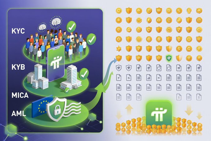 An infographic illustrating regulatory compliance categories (KYC, KYB, MICA, AML) alongside a large collection of cryptocurrency and document icons, with a Pi Network logo prominently featured.