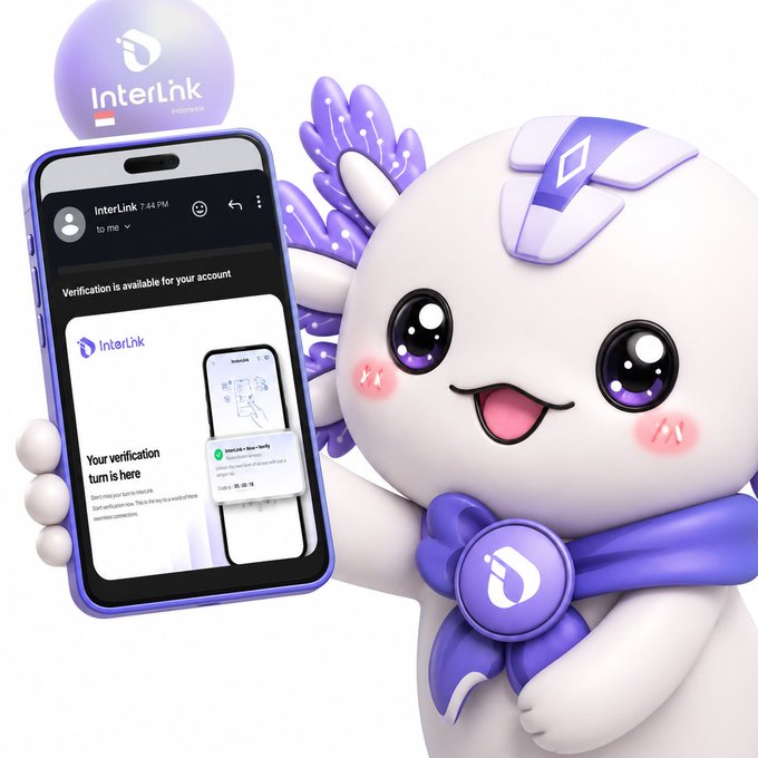 The image features a white cartoon character holding up a cell phone, with an email notification displayed on the screen. The text of the email reads "KYC Warning For Linkers The biggest KYC mistake isn'... It's missing the update that'... Check Your Email Inbox Check Your Spam Folder Check Your InterLink Application Status Still at Level 2?". This message is related to a post about KYC compliance, warning linkers not to send emails with updates without verifying them first.

The image also includes an illustration of a cartoon character wearing a scarf and holding a cell phone. The background of the image is white, which contrasts with the purple elements in the foreground.