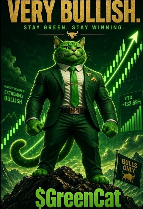 The image is a promotional poster for "$GreenCat," featuring an anthropomorphic green cat in a suit standing triumphantly atop a mountain, surrounded by bullish financial imagery including green candlestick charts, an upward arrow, and a "BULLS ONLY" flag. Visible text includes "VERY BULLISH. STAY GREEN. STAY WINNING," "MARKET SENTIMENT: EXTREMELY BULLISH," and "BULL MARKET," with a YTD gain of "+132.69%" — visually tying the meme-coin branding on Pump.fun to themes of aggressive bullish momentum.