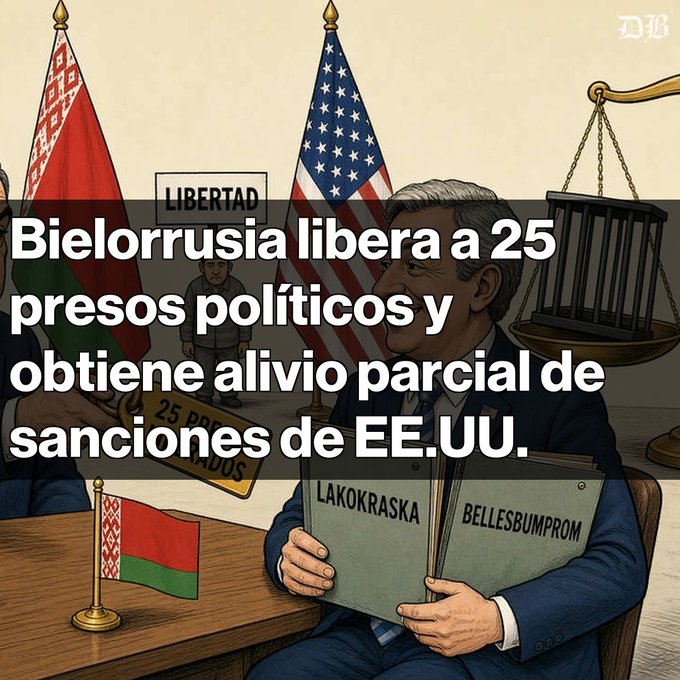 An illustrated news graphic in Spanish about Belarus releasing 25 political prisoners and obtaining partial sanctions relief from the United States, featuring cartoon depictions of the Belarusian and American flags and labeled folders reading 'LAKOKRASKA' and 'BELLESBUMPROM'.