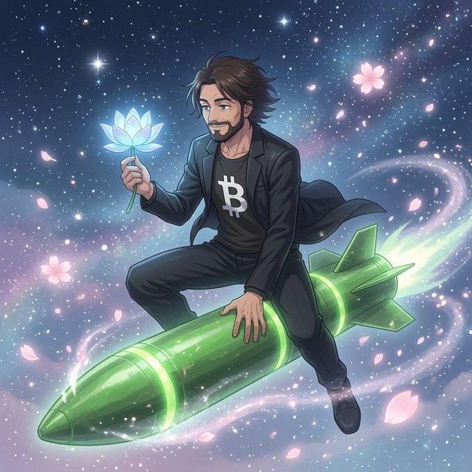 The image features a man wearing a black jacket, sitting on top of a green rocket ship that has a bomb attached to its side. The rocket ship is surrounded by stars and flowers, creating an otherworldly atmosphere. In the background, there are pink flowers blooming against a dark sky backdrop. The post includes text that reads "GRASS is coming!!! Keep farming those juicy Green GRASS". This message seems to be related to the man's situation on the rocket ship, as he appears to be in a space-themed environment with a bomb attached to it.