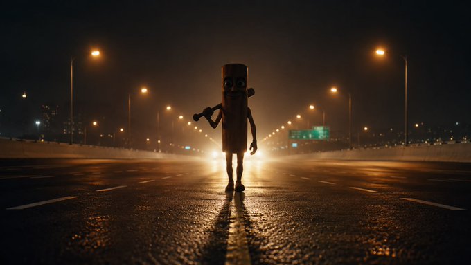 A surreal nighttime scene on a wet highway shows a wooden log-like character with a smiling face standing under streetlights while holding what appears to be a weapon over its shoulder.