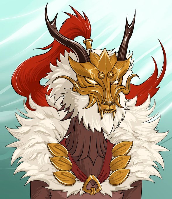 A digital illustration of a fantasy character with dark skin wearing a golden dragon-like mask, antlers, and a large white fur collar with gold ornaments against a light teal background.