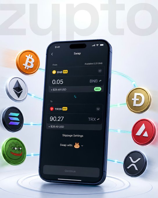 A smartphone displaying the Zypto App's swap interface shows converting 0.05 BNB (~$28.49) to 90.27 TRX (~$28.49), surrounded by floating cryptocurrency coin icons, illustrating the app's built-in decentralized exchange functionality across multiple blockchains.