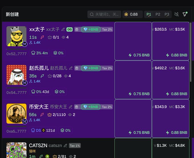 A dark-themed cryptocurrency interface shows newly listed meme tokens priced in BNB, including "xx太子" ($263.5), "赵氏孤儿" ($492.2), and "币安大王" ($343.9).
