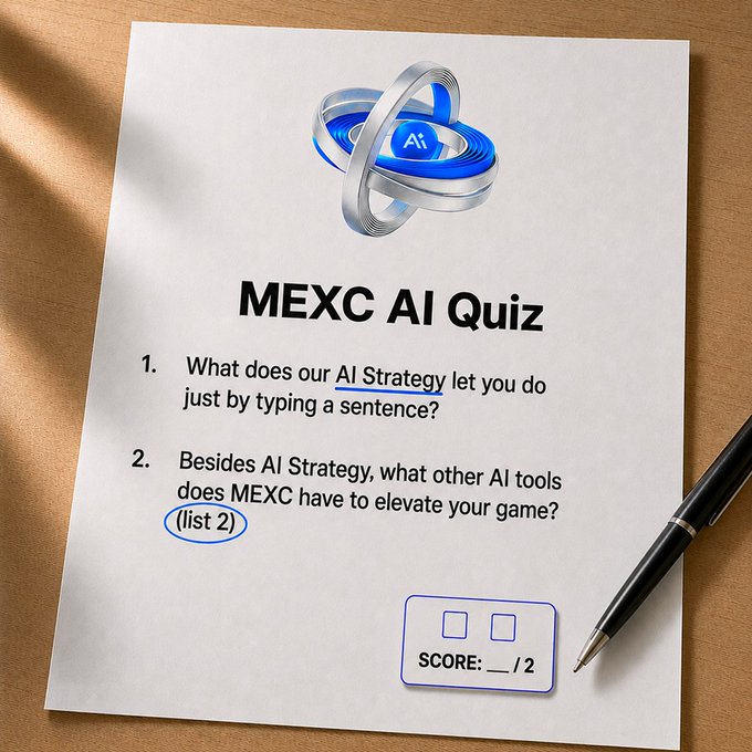 A printed "MEXC AI Quiz" sheet rests on a wooden desk with a black pen, featuring questions about MEXC's AI Strategy and other AI tools, scored out of 2, promoting an event ending August 5 where participants can test their knowledge of MEXC's AI offerings.
