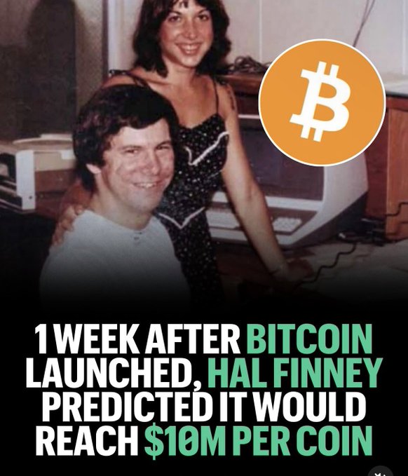 The image shows an advertisement with two people posing for a photo, smiling, against a black background. The central text reads "1 week after..." followed by a brief description of Hal Finney predicting that Bitcoin's value would reach $18M per coin in 6 months or under.