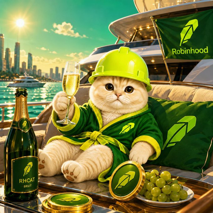 A luxurious AI-generated image of a cat wearing a green bathrobe and hard hat, lounging on a yacht with champagne, branded with the Robinhood logo and 'RHCAT BRUT' on a bottle.