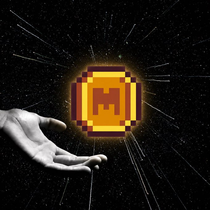 A black-and-white hand reaches out toward a glowing pixelated coin marked with an "M" floating against a starry, radiating backdrop—evoking the idea that even a small or humble offering, like a single coin emerging from the cosmos, is still worthwhile.