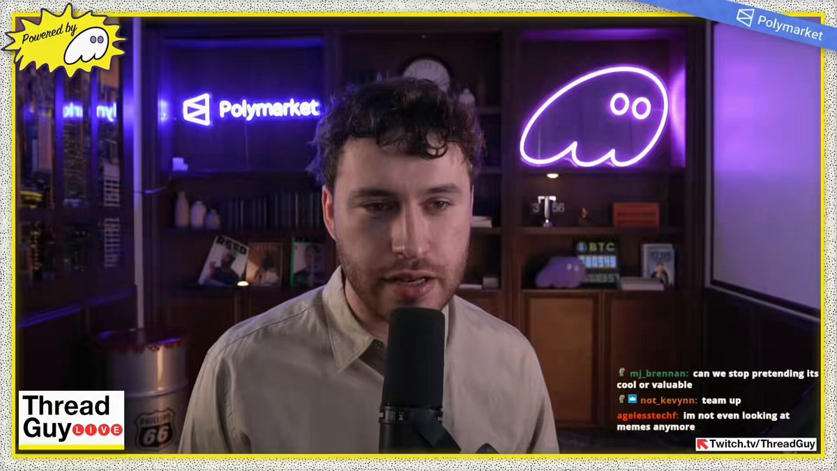 The image features a man wearing a beige shirt, standing in front of a microphone while talking into it. The background shows a bookshelf filled with various items such as books and a clock. There are also neon signs visible in the scene. The caption on the image reads "Focus on what is in the image and how it relates to the post."