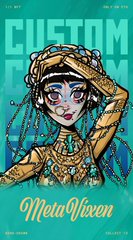 Magazine cover titled "CUSTOM ARTIST" featuring an illustration of a character with horns and glowing eyes, with "MetaVixen" written at the bottom.