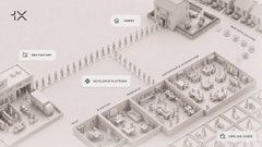 The image is a black-and-white isometric illustration of a stylized city, featuring "1X" in the top left and "HOLDSDKPLATFORM" as the central highlighted building, with "@1X_AI" tagged at the bottom. It visually represents the 1X Technologies platform, aligning with the post's message about NEO humanoid robots being accessible to Western AI developers amid U.S. restrictions on Chinese platforms.