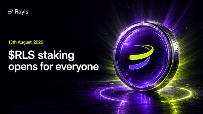 A promotional graphic for Rayls cryptocurrency dated 13th August, 2026, announcing '$RLS staking opens for everyone' alongside a glowing 3D coin with a purple and green logo.