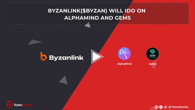 A promotional graphic with the text 'BYZANLINK($BYZAN) WILL IDO ON ALPHAMIND AND GEMS', displaying the Byzanlink logo alongside the AlphaMind and Gems platform logos on a black and red background.