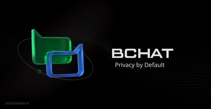 The image is a promotional graphic for BCHAT (a privacy-focused messaging application by Beldex) featuring overlapping green and blue 3D chat bubble icons alongside the tagline "Privacy by Default" and the website "bchat.beldex.io," which visually reinforces the post's emphasis on privacy being embedded at the foundational layer of communication rather than just as a feature.