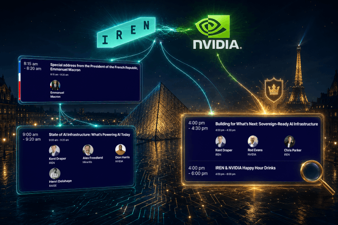 Promotional graphic for IREN × NVIDIA's appearance at the RAISE Summit in Paris, showcasing agenda items including President Emmanuel Macron's address (8:15 am), "State of AI Infrastructure" (9:00 am) featuring Kent Draper, Alex Fredland, Dion Harris, and Henri Delahaye, and "Building for What's Next: Sovereign-Ready AI Infrastructure" (4:00 pm) with Kent Draper, Rod Evans, and Chris Parker, set against a Paris skyline with the Eiffel Tower.